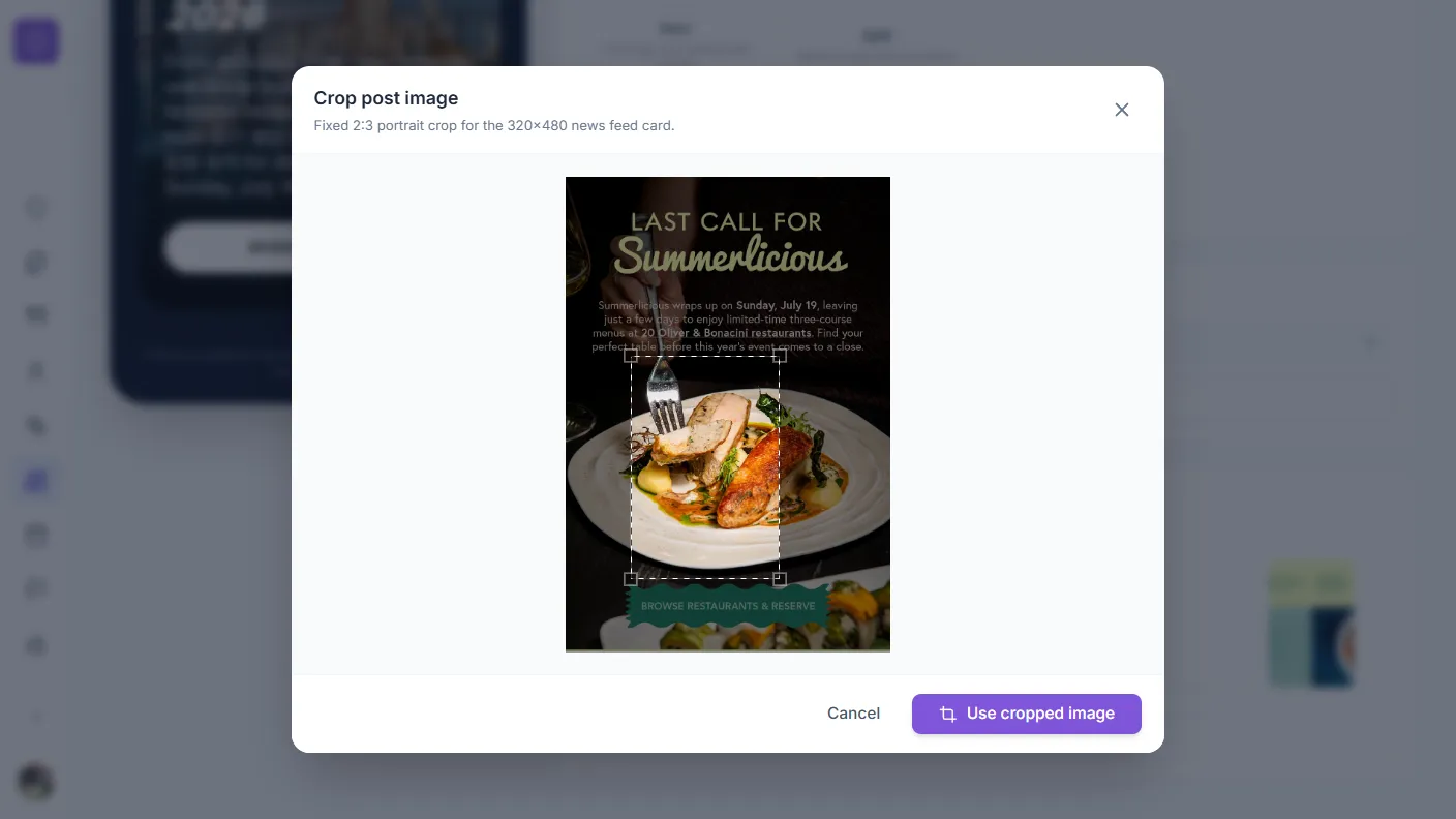 In-app image framing and cropping modal