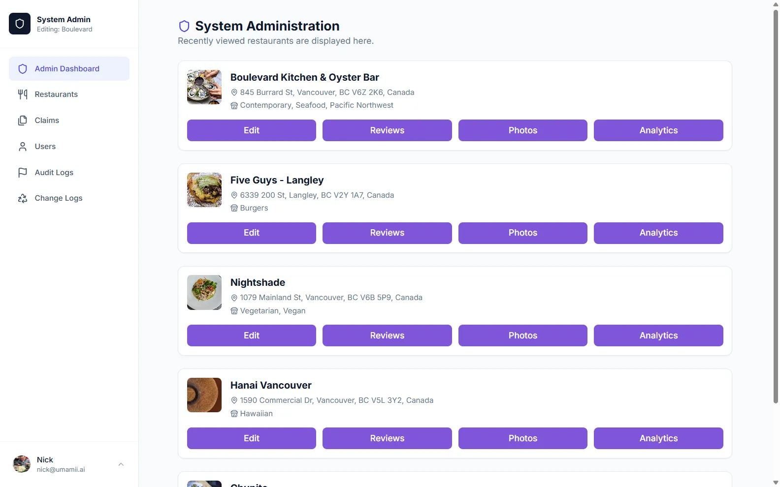 Umamii Admin Dashboard displaying analytics and reviews