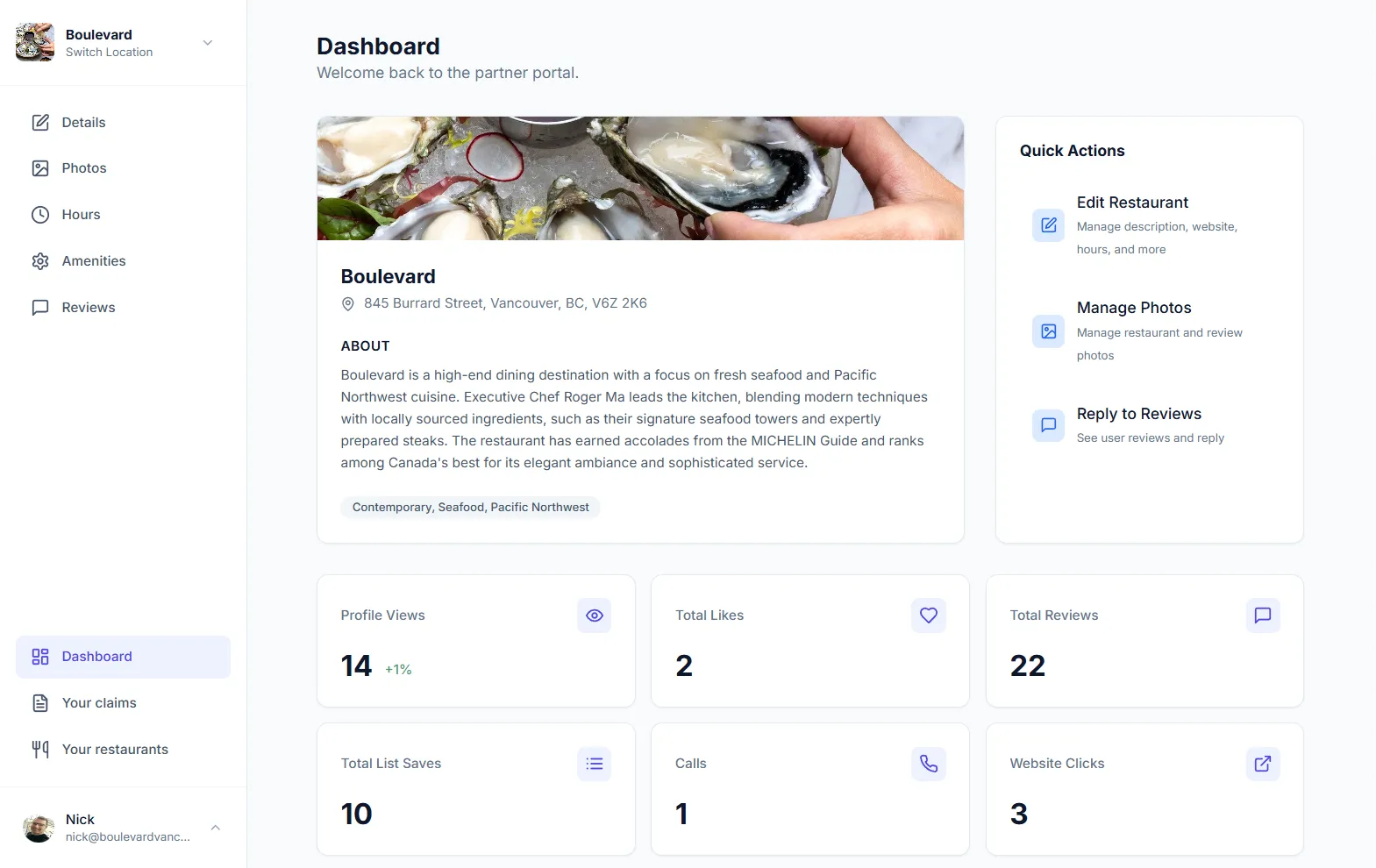 Restaurant dashboard interface
