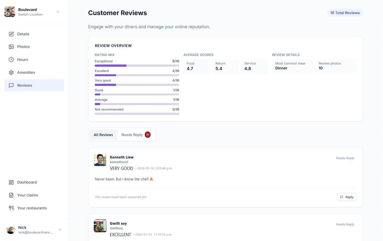 Restaurant reviews management interface