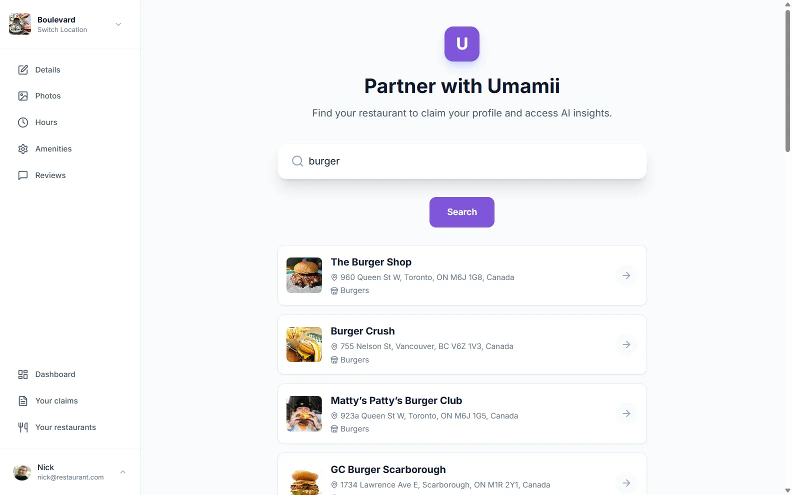 Restaurant claiming flow and selection interface