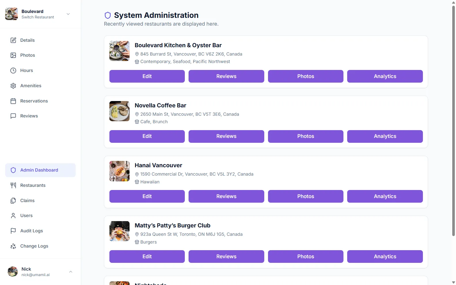 Umamii Admin dashboard displaying recent restaurants